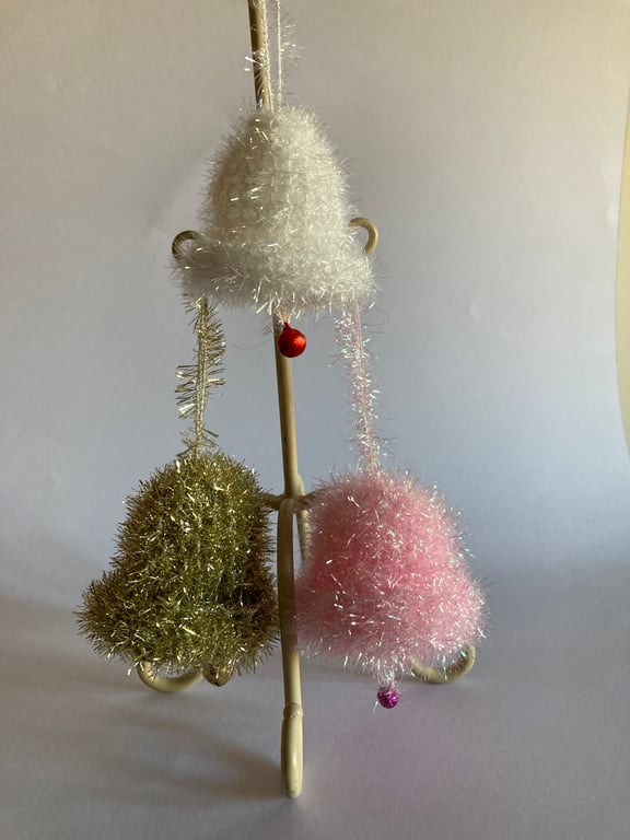 3 pretty hand knitted jingle bells