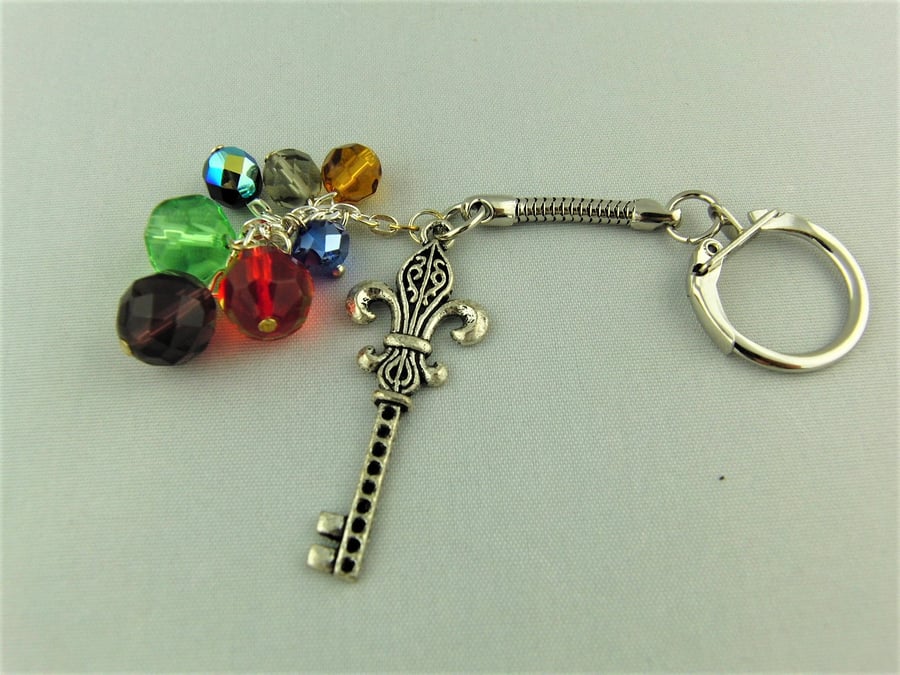 Silver Key Charm and Multi Coloured Crystal Bead Key Ring