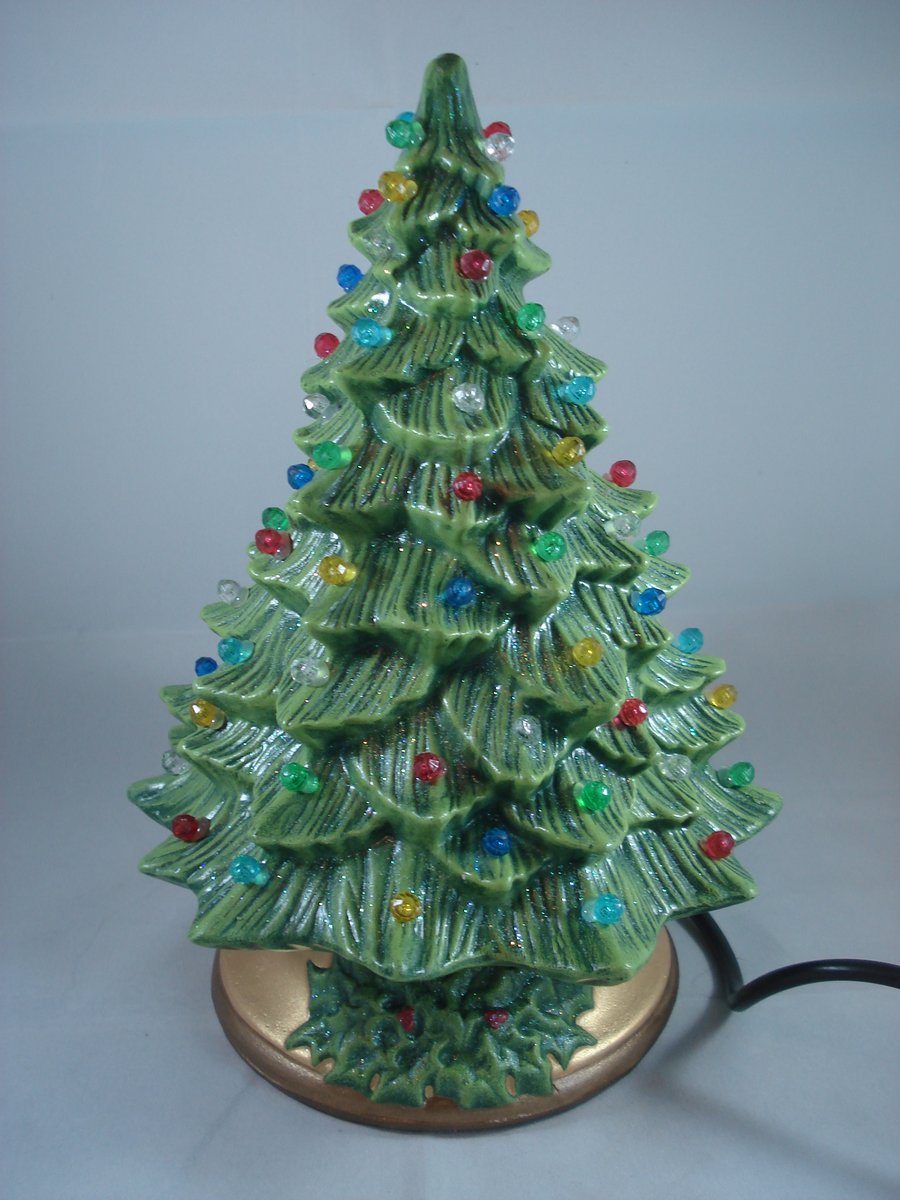 Small Ceramic Green Xmas Christmas Tree Table Lamp Light Ornament Decoration.