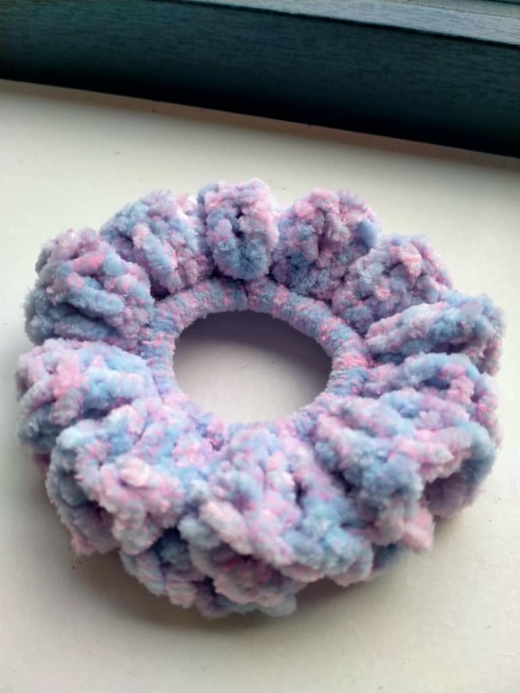 Handmade Blue and Pink Crocheted Ruffle Scrunchie