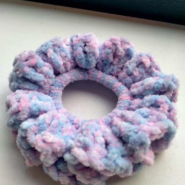 Handmade Blue and Pink Crocheted Ruffle Scrunchie