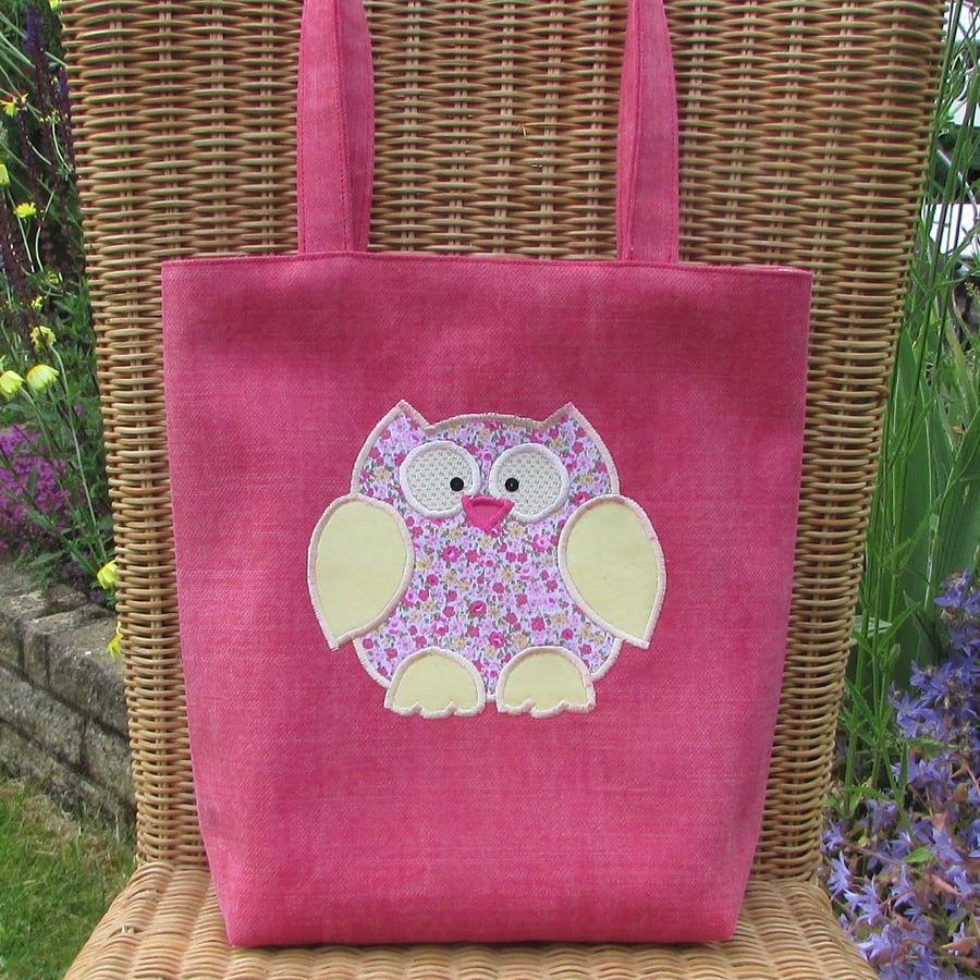 Owl tote bag - Dark pink with pink and yellow floral owl