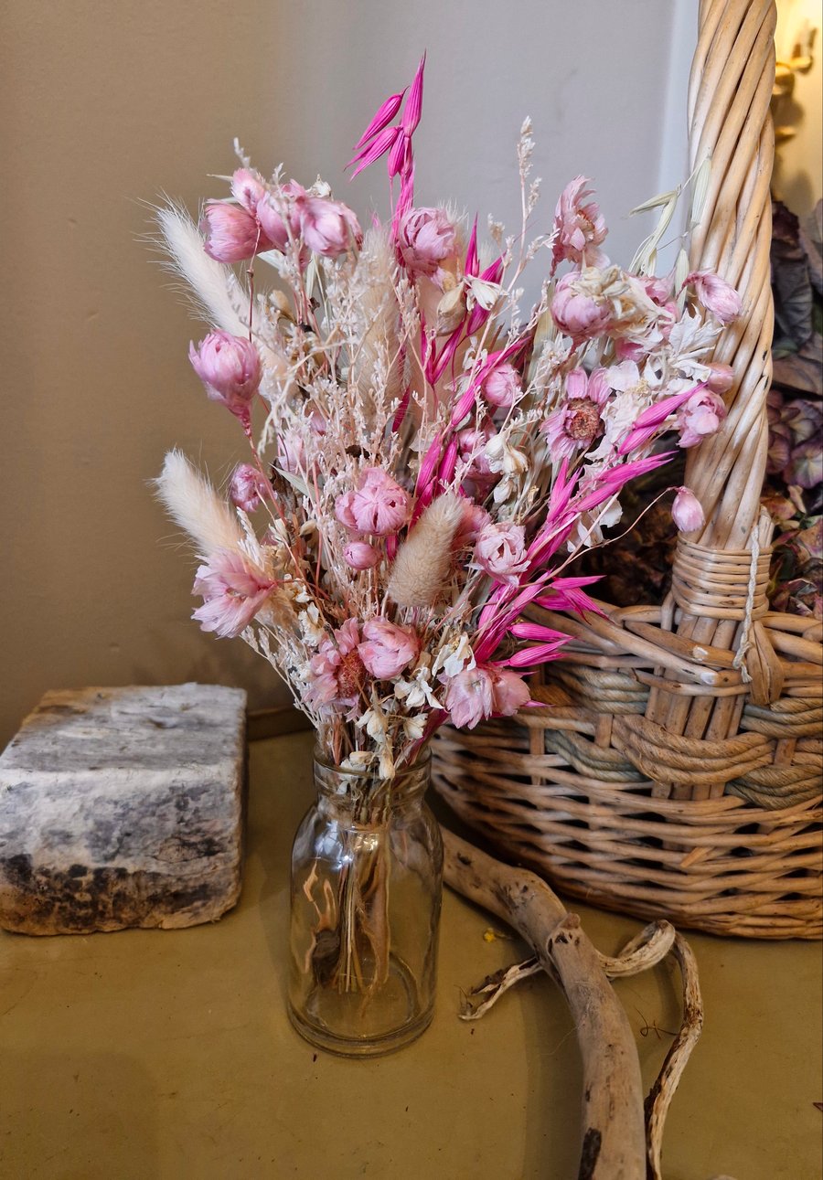 Mothers Day, Dried Flower Bunch with Glass Vase. Pink, Rodanthe, Grasses. 30cm