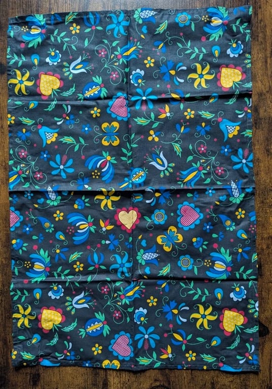 Vintage Folk Art Floral Tea Towel - Dish Cloth - Bright & Cheerful