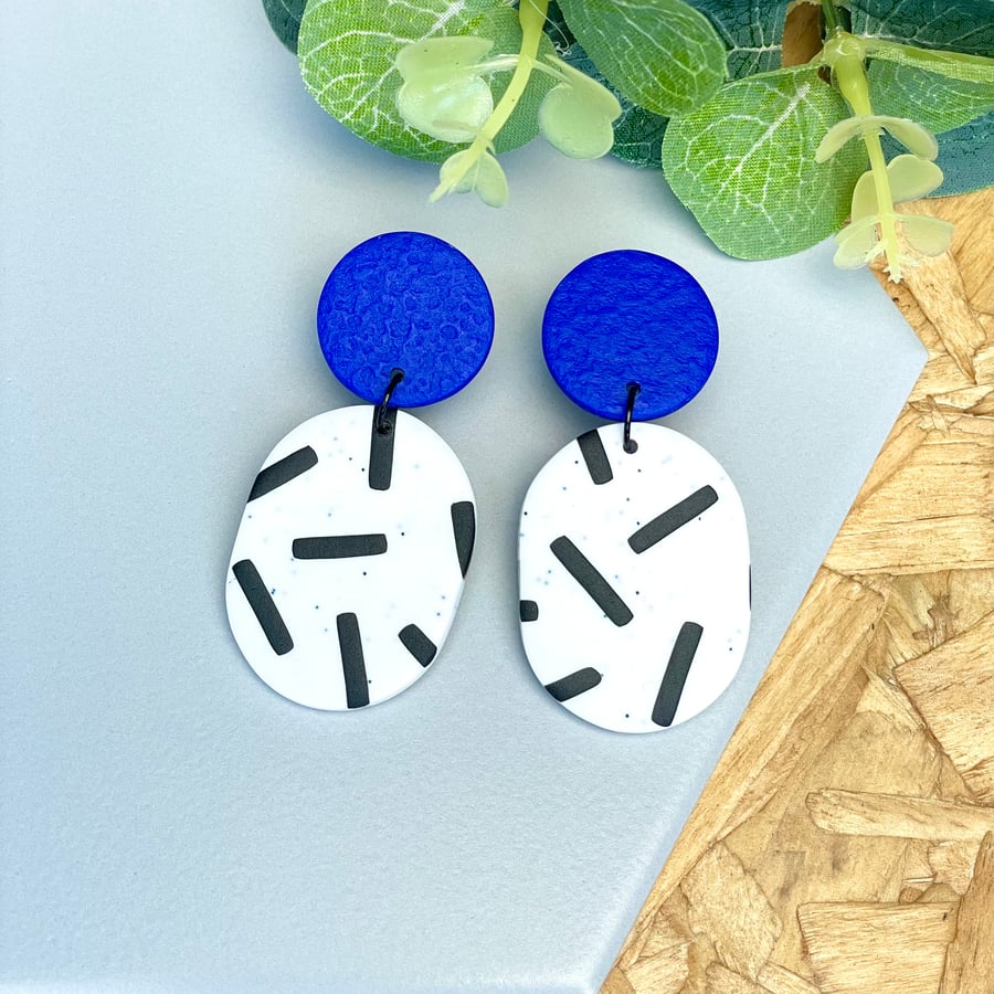 Electric Blue & Monochrome Sprinkles Polymer Clay Dangle Earrings 