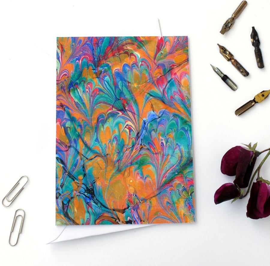 Beautiful marbled paper art greetings card metallic double marble pattern