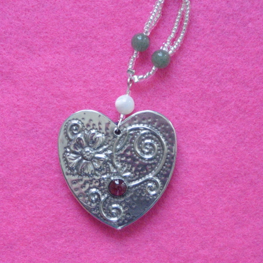 Strawberry flower garnet necklace in silver pewter