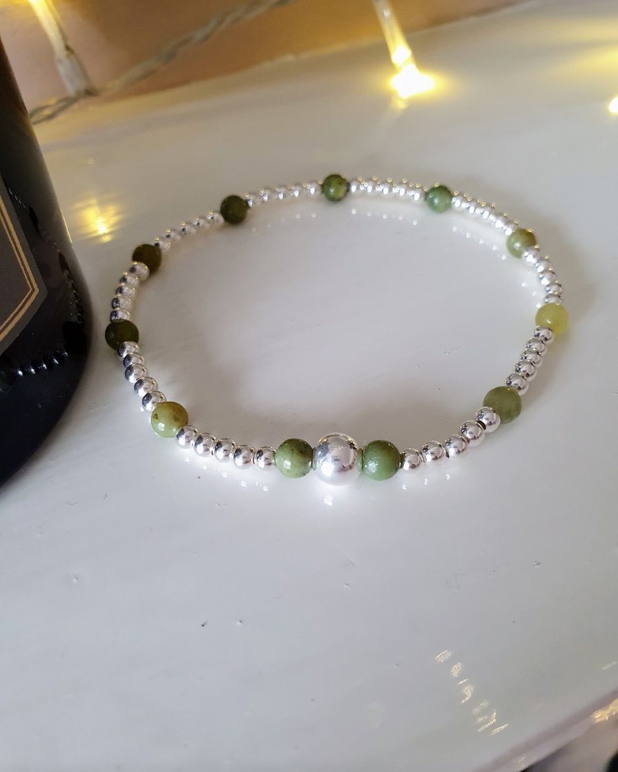 Silver and Jade bracelet, Sterling silver stretchy BRACELET, 