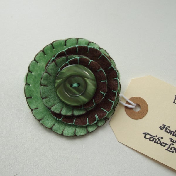 Round Flower Brooch, Brown & Green