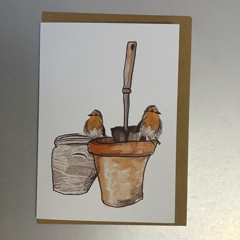Robins on Pots A5 Greeting Cards 