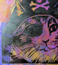 Pirate Cat One off Hand-Pulled Linocut & Gelli Print Pink - Image 4