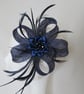 Navy Blue Sinamay Loop Crystal Feather Fascinator Headpiece Clip  - Image 5