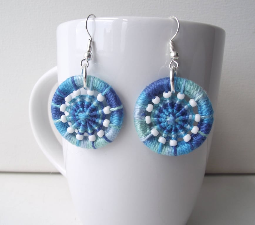 Earrings, Drop or Dangle, Beaded Dorset Buttons, Variegated Blue Thread