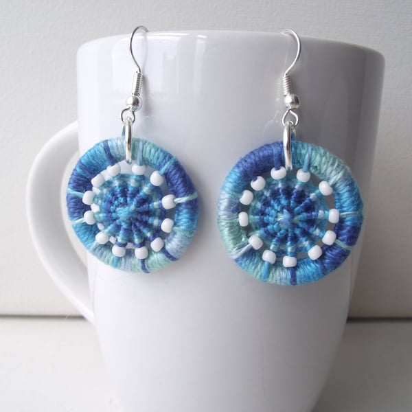 Earrings, Drop or Dangle, Beaded Dorset Buttons, Variegated Blue Thread
