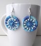 Earrings, Drop or Dangle, Beaded Dorset Buttons, Variegated Blue Thread - Image 1