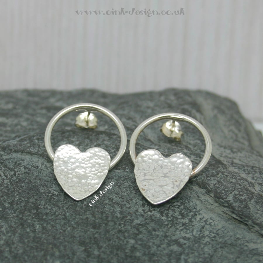 Sterling silver textured circular and heart stud earrings
