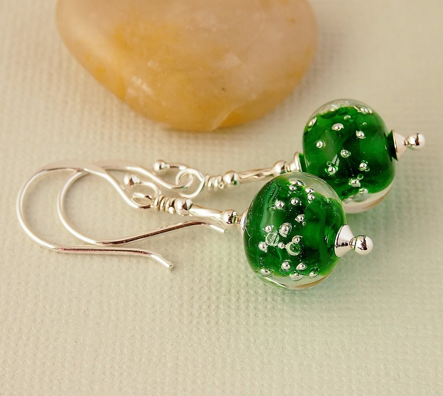 Green Lampwork Glass Bead Earrings - Sterling Silver