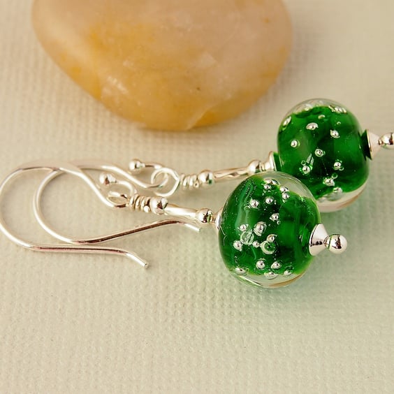 Green Lampwork Glass Bead Earrings - Sterling Silver