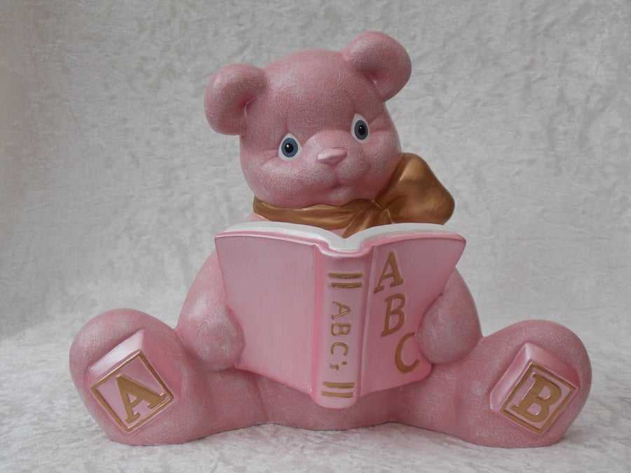 Ceramic Hand Painted Pink Teddy Bear Animal Figurine Money Bank Savings Bank.