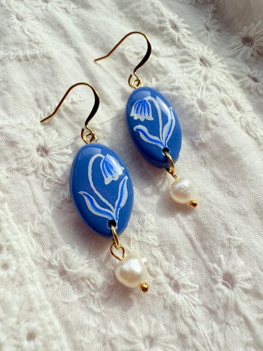 Blue Bell Flower Earrings with Freshwater Folksy