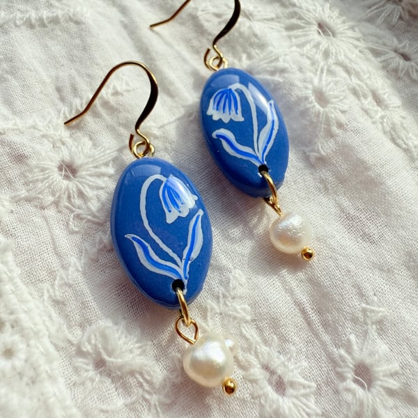 Blue Bell Flower Earrings with Freshwater Pearls – Hand Painted Folk Art Jewelry