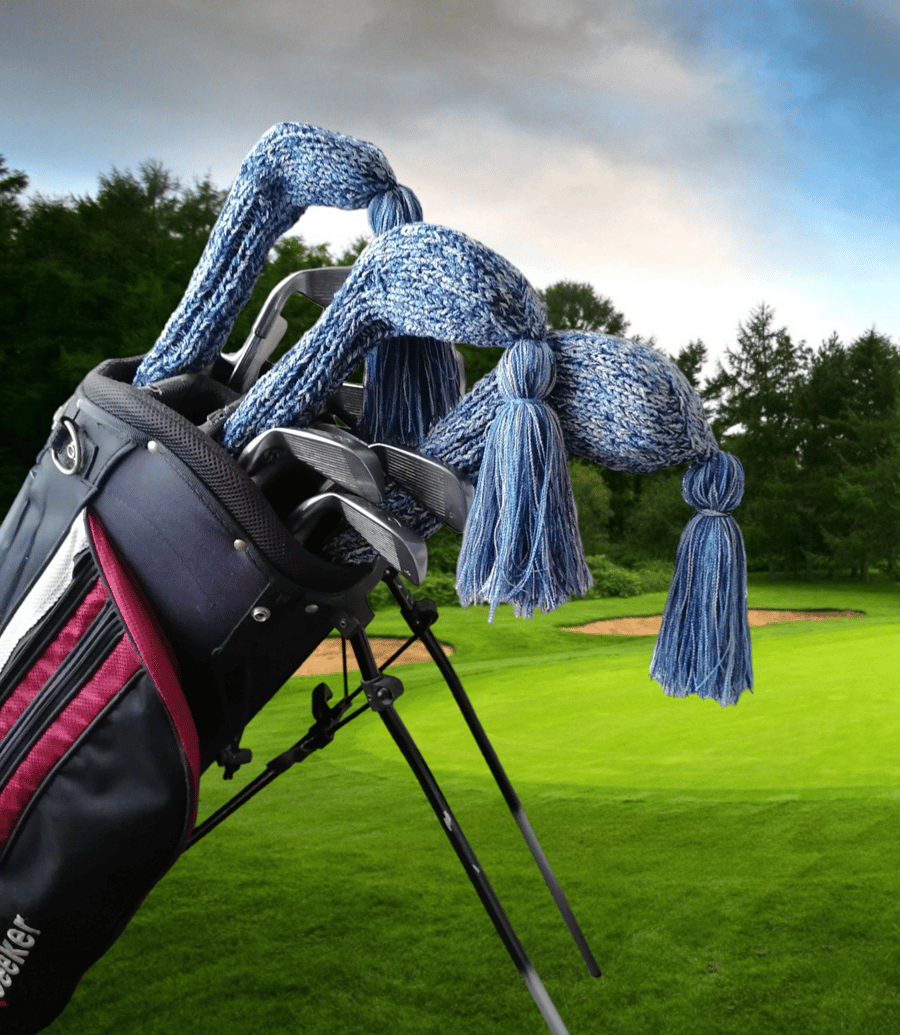 Shades of blue knitted golf headcovers 