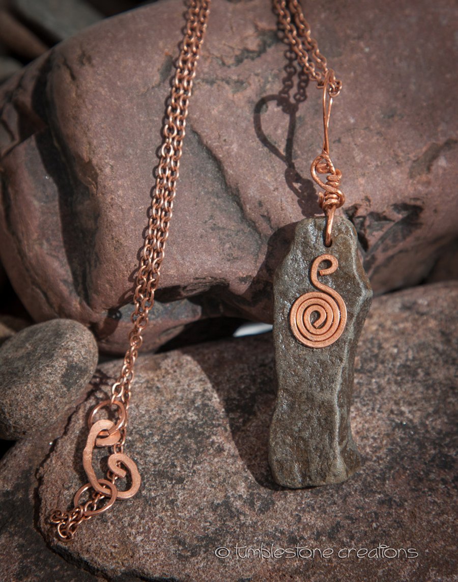 Welsh River Stone and Hammered Copper Pendant on a Copper chain