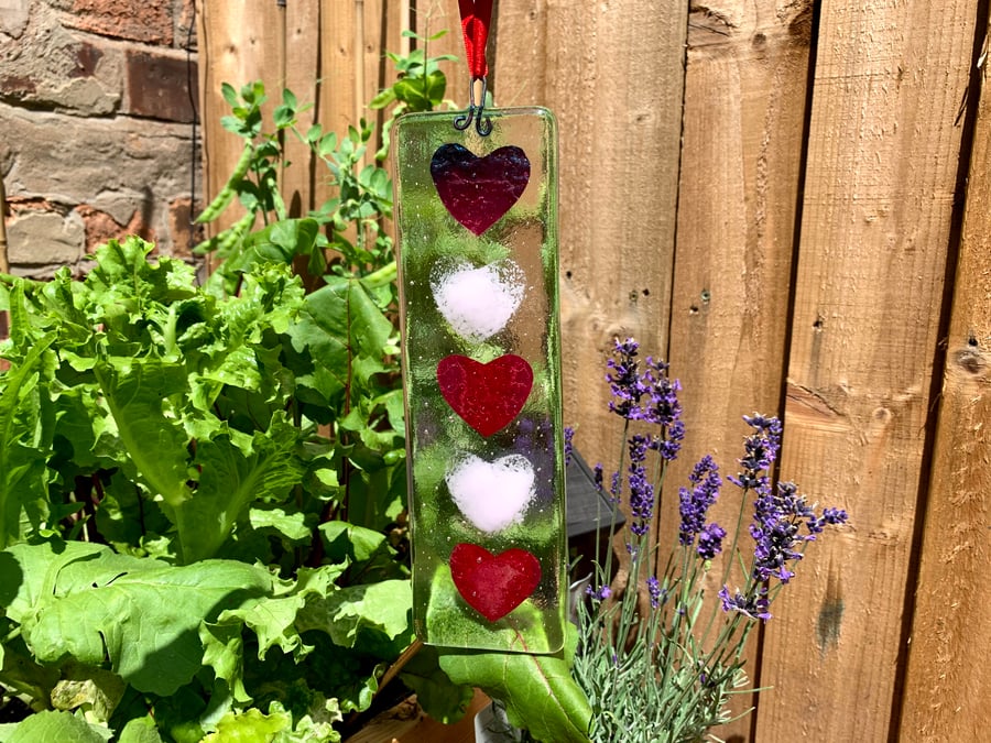 Fused glass and copper heart window hanging