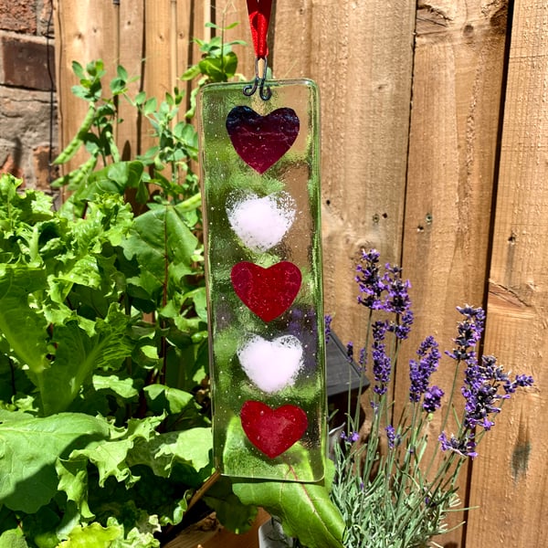 Fused glass and copper heart window hanging
