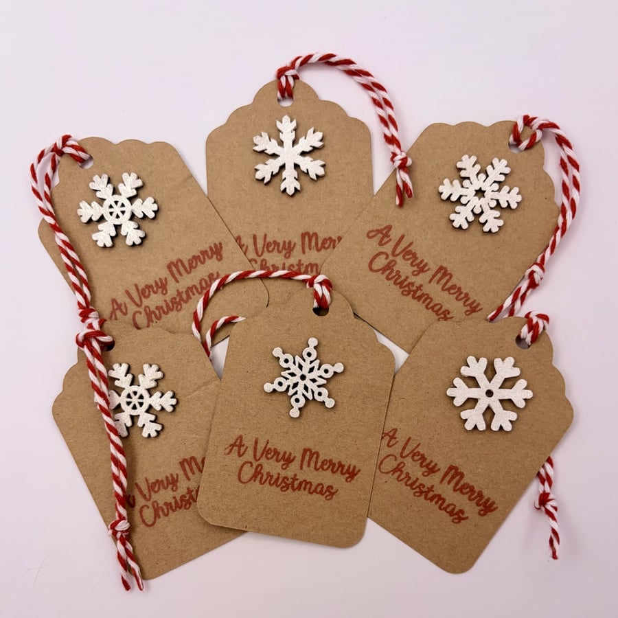 Luxury Kraft & Red Snowflake Christmas Gift Tags - Handmade Set of 6