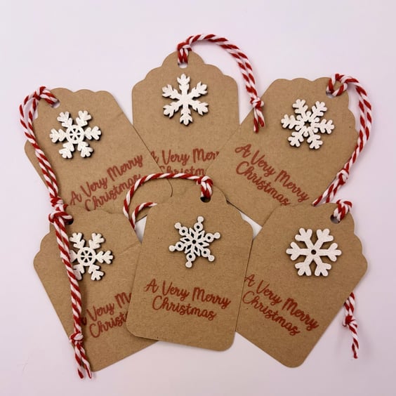 Luxury Kraft & Red Snowflake Christmas Gift Tags - Handmade Set of 6