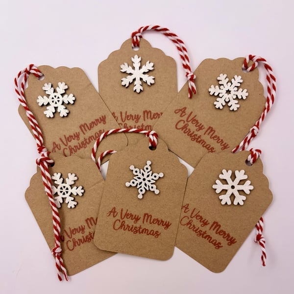 Luxury Kraft & Red Snowflake Christmas Gift Tags - Handmade Set of 6