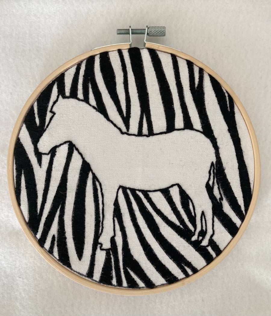 Hand embroidered Zebra hoop art picture 