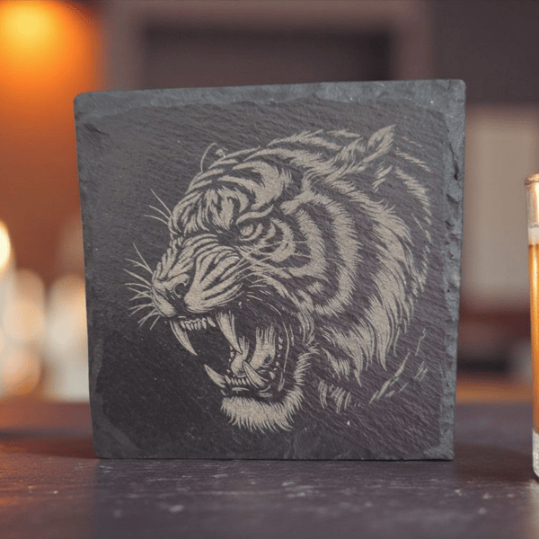 Roaring Tiger Etched Slate Coaster – Symbol of Strength & Courage