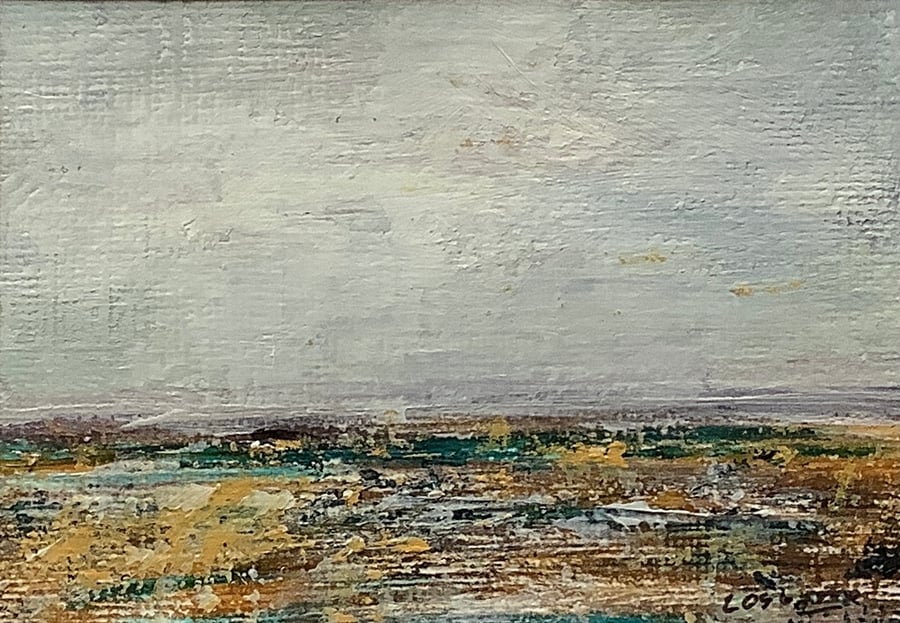Across the marshes - original acrylic landscape painting. Miniature.
