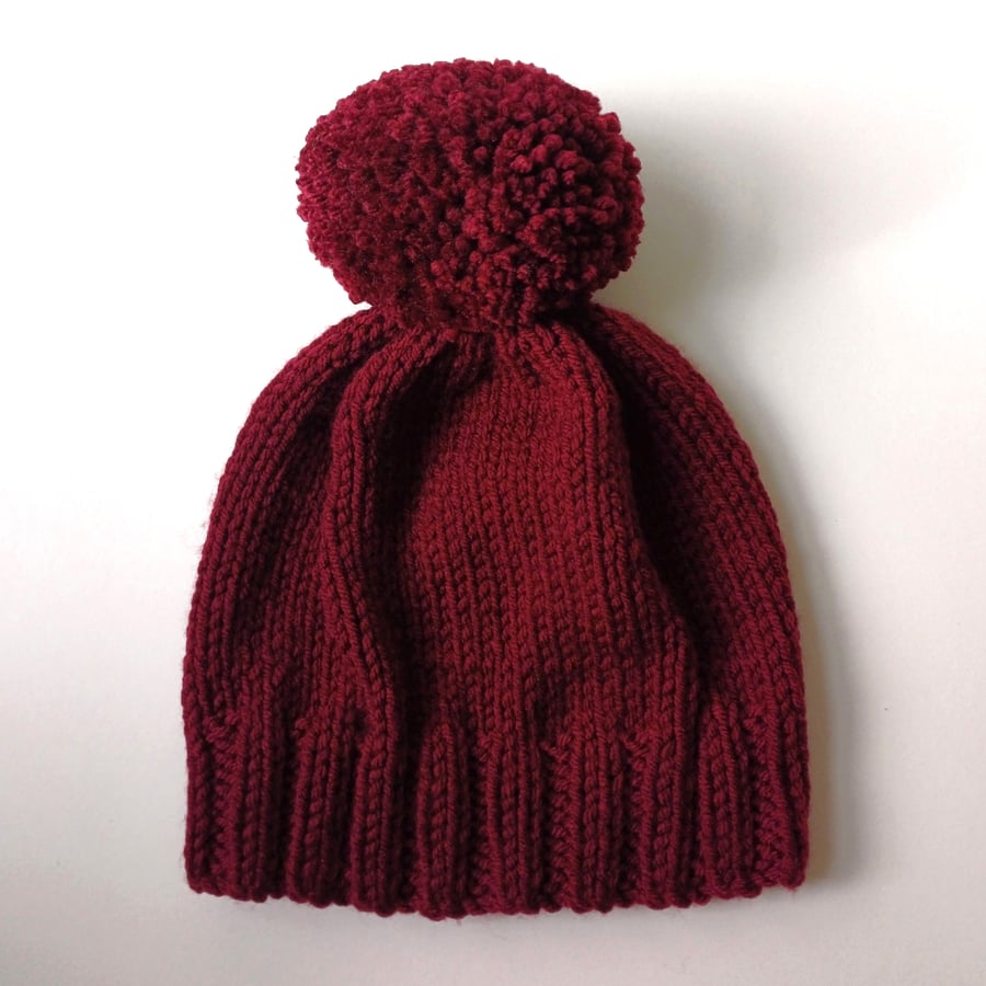 Bobble Hat in Burgundy Chunky Yarn
