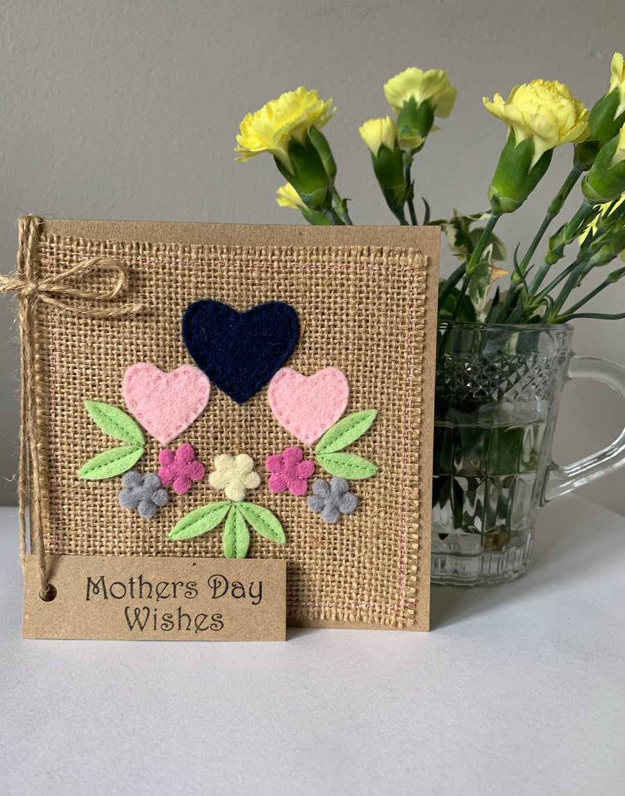 Mothers Day Card. Hearts and flowers. Wool felt. Handmade.