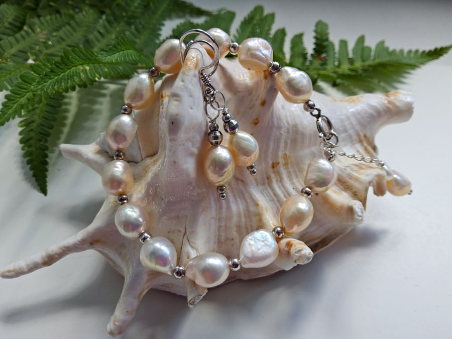 Large Rice Baroque Freshwater Pearl Sterling Silver Bracelet & Earrings Set