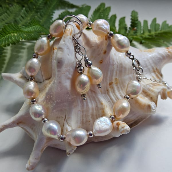 Large Rice Baroque Freshwater Pearl Sterling Silver Bracelet & Earrings Set