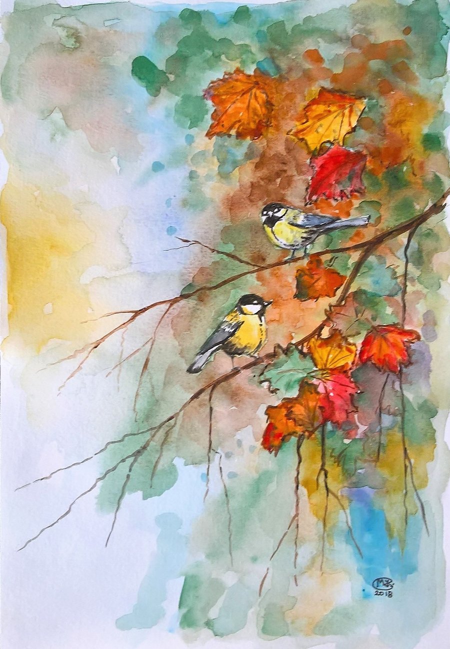 NOW SOLD:Two Birds in an Autumn Tree. Original painting