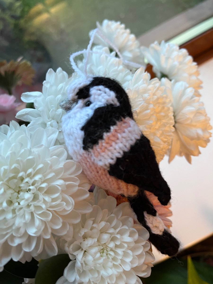 Long tailed tit bird tree decoration hand knit 