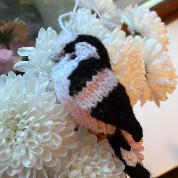 Long tailed tit bird tree decoration hand knit 