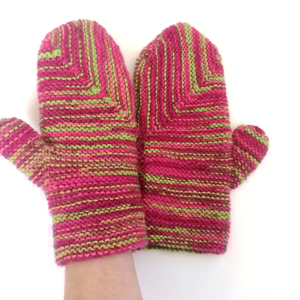 Wool striped mittens - pink & green