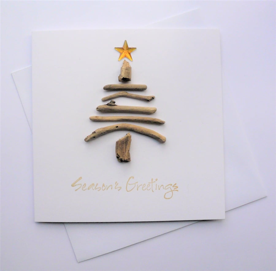 Handmade Driftwood Tree and Gold Star Christmas Card