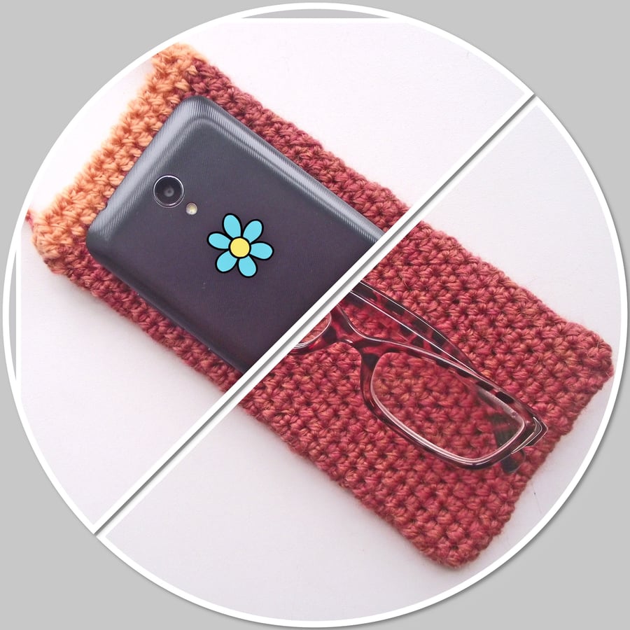 Neck Pouch for Glasses, Mobile Phone, Lanyard Bag, Purse, Crocheted Rust