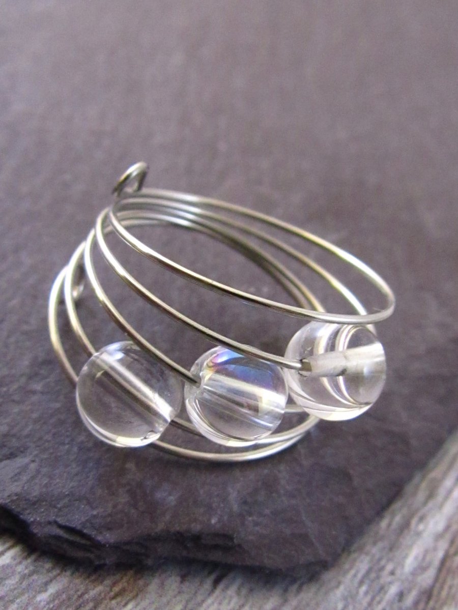 Clear Quartz Silver Memory Wire Ring, Quartz Ring