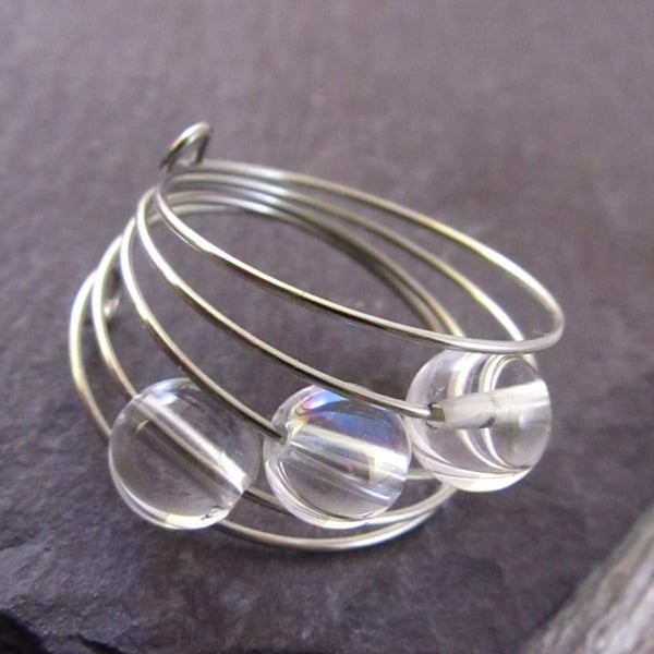 Clear Quartz Silver Memory Wire Ring, Quartz Ring