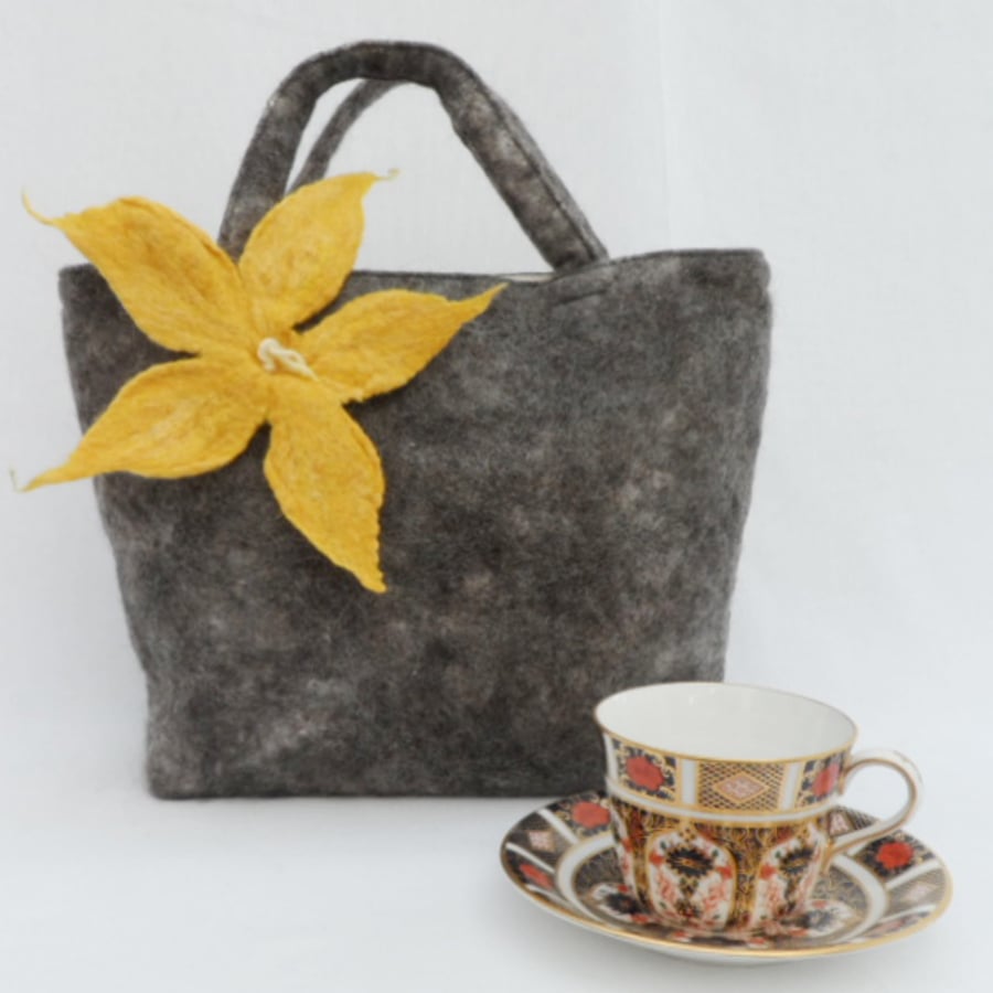 Felted Handbag - grey with yellow felted flower