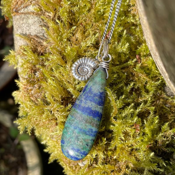 Teardrop azurite chrysocolla pendant with silver ammonite fossil and chain