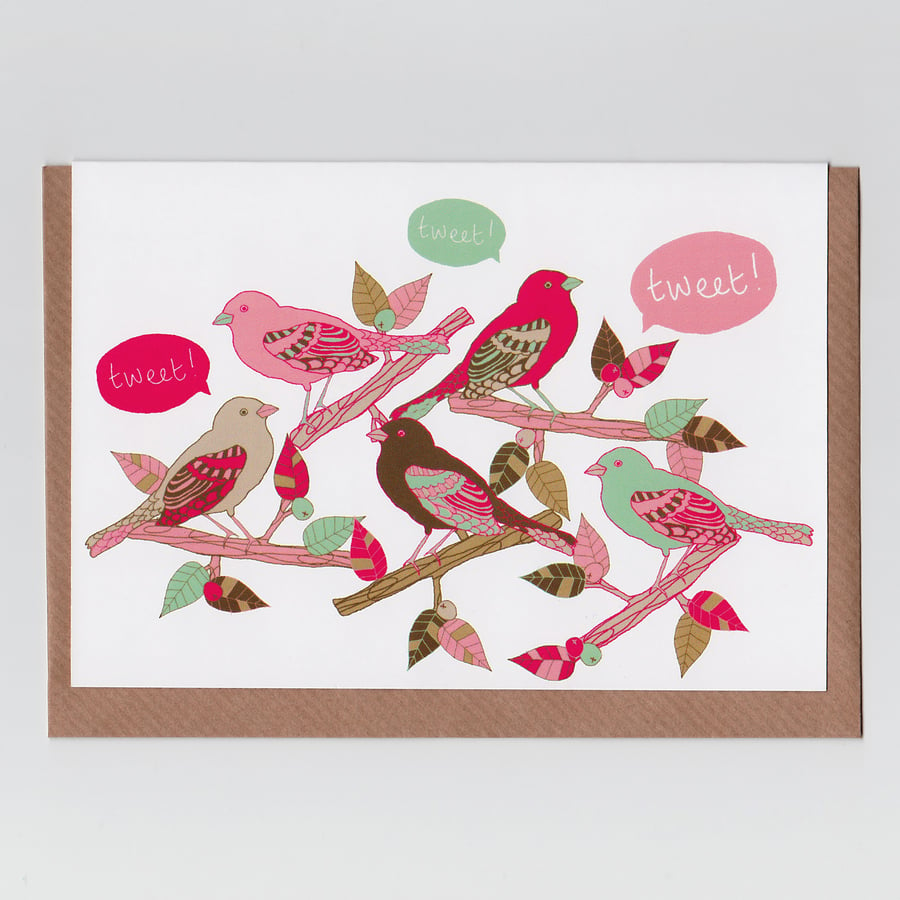 Tweet, Greetings Card with Kawaii Bird Illustration